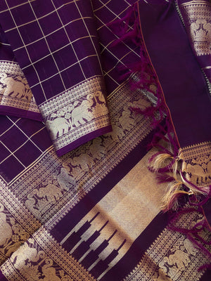 Zari Kissed Silk Cotton - deep beetle nut purple jodi yaanai woven borders with vintage short pallu