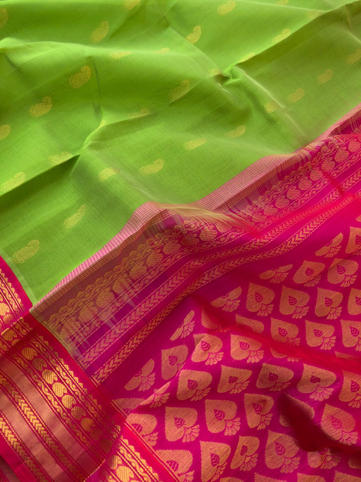 Korvai Silk Cottons Woven Silk Borders - parrot green and pink with buttas woven borders