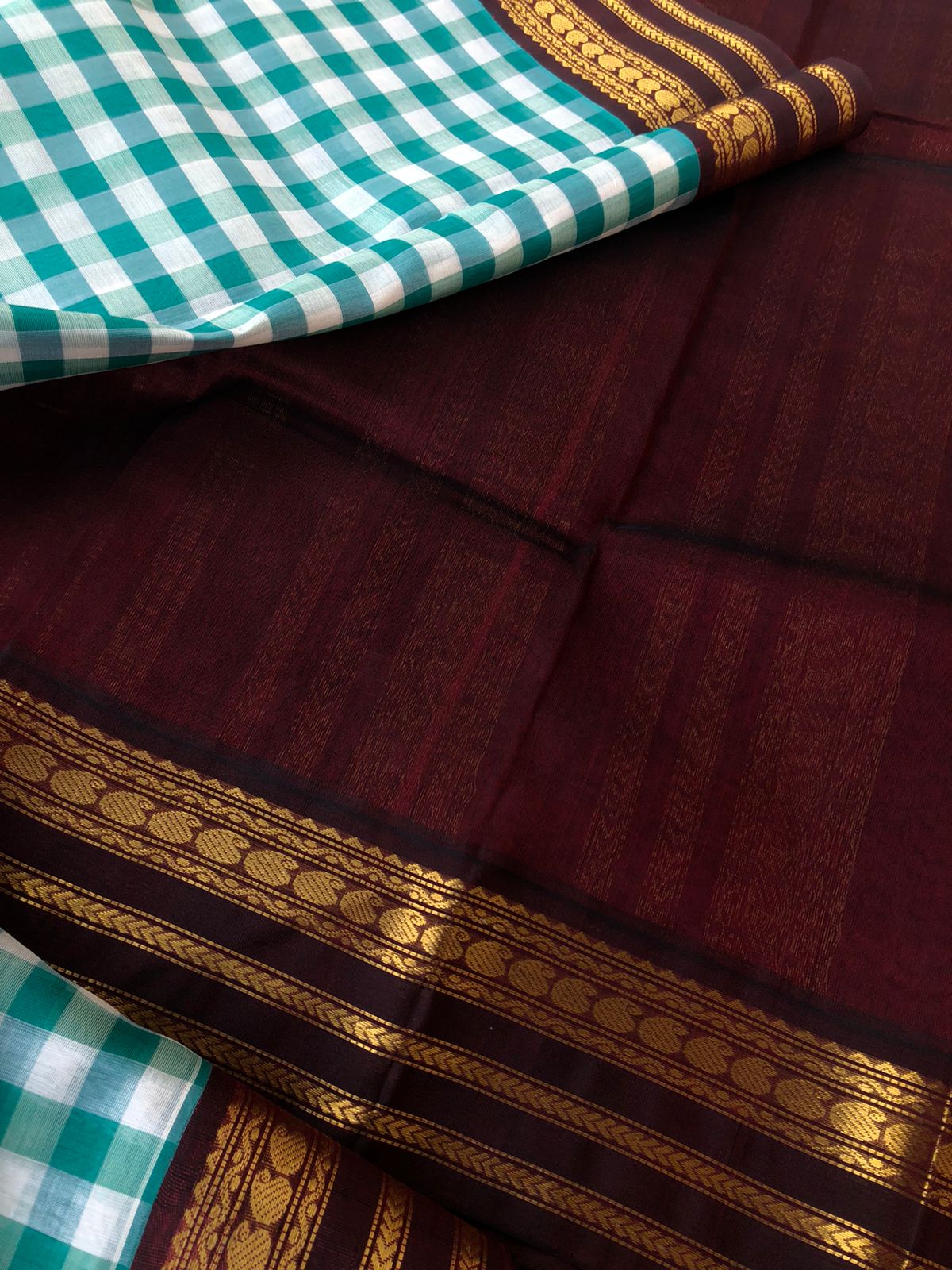 Paalum palamum kattam on Korvai Silk Cotton - off white and teal blue chex with deep maroon brown pallu and blouse