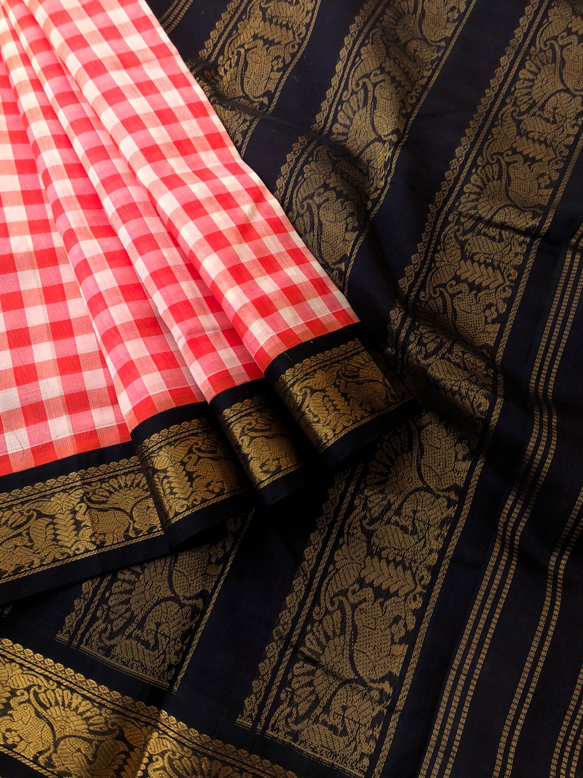 Paalum palamum kattam on Korvai Silk Cotton - off and red chex with black borders and pallu