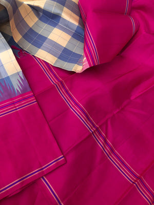 Festive Vibes on Korvai Kanchivaram - pale off white and grey chex with pink borders pallu and blouse