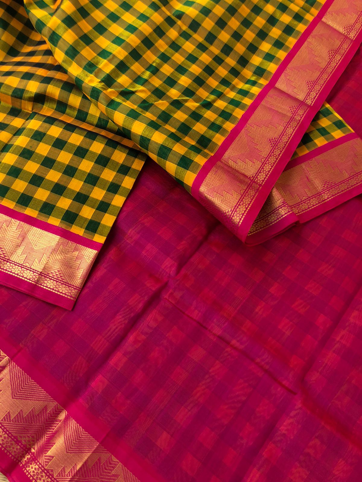 Paalum palamum kattam on Korvai Silk Cotton - mustard and green chex with kum kum pink pallu and blouse