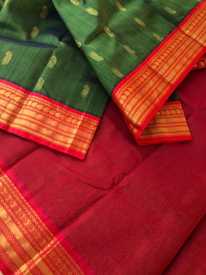 Korvai Silk Cottons Woven Silk Borders - burnt algae green and red with body woven buttas