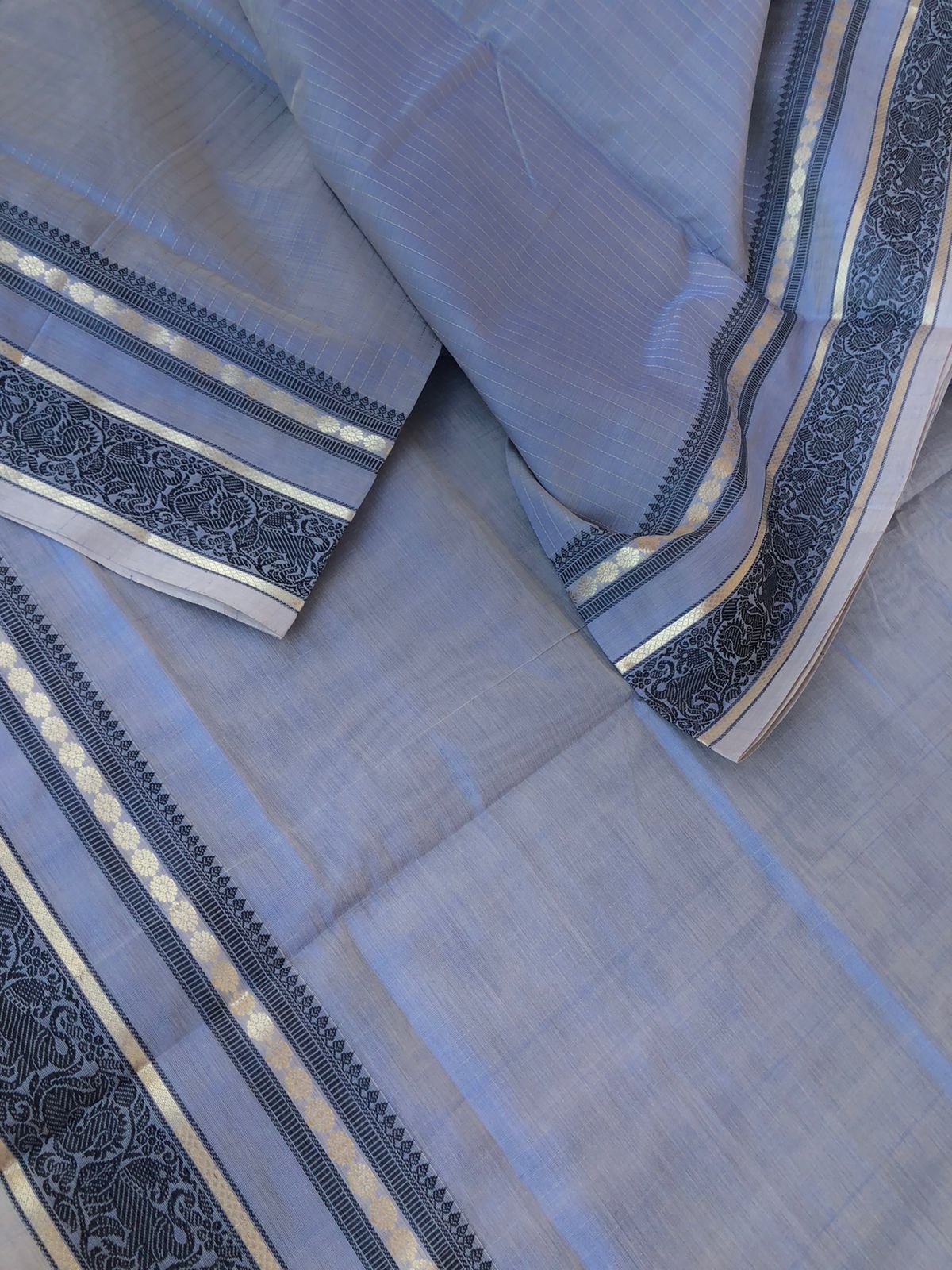 Zari Kissed Silk Cotton - bluish pale grey vertical muthu stripes