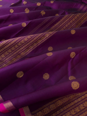 Mohaa - Beautiful Borderless Kanchivarams - one of kind deepest purple mayil chackaram woven buttas with pink sleeve edge and best part is contrasting mustard blouse