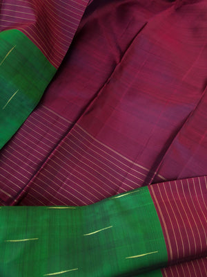 Shree - Bliss of Kanchivarams - stunning bottle green rain drops woven body with deep maroon oosi stripes woven borders pallu and blouse