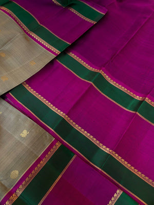Shree - Festive Vibes on Kanchivaram - stunning beige grey with majenta purple pink borders