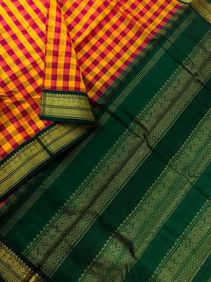 Paalum palamum kattam on Korvai Silk Cotton - mustard and red chex with Meenakshi green pallu and blouse