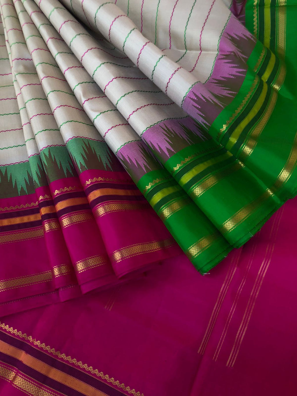 Korvai Connection on Kanchivaram - most beautiful pale greyish off white with green and pink ganga jammuna woven borders