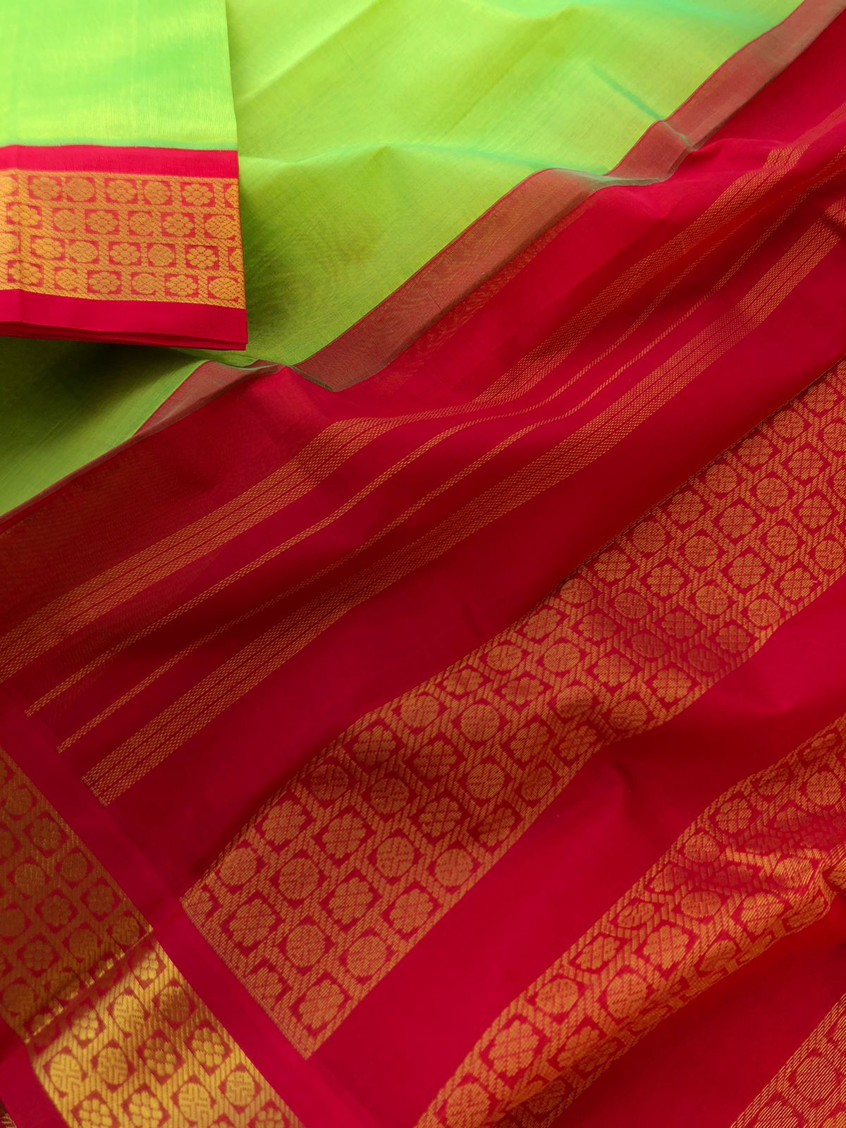 Festive vibes on Korvai Silk Cottons - fresh green and red