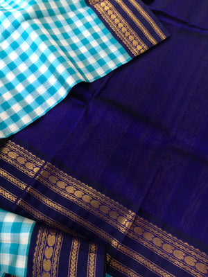 Paalum palamum kattam on Korvai Silk Cotton - off white and teal blue chex with ink blue pallu and blouse
