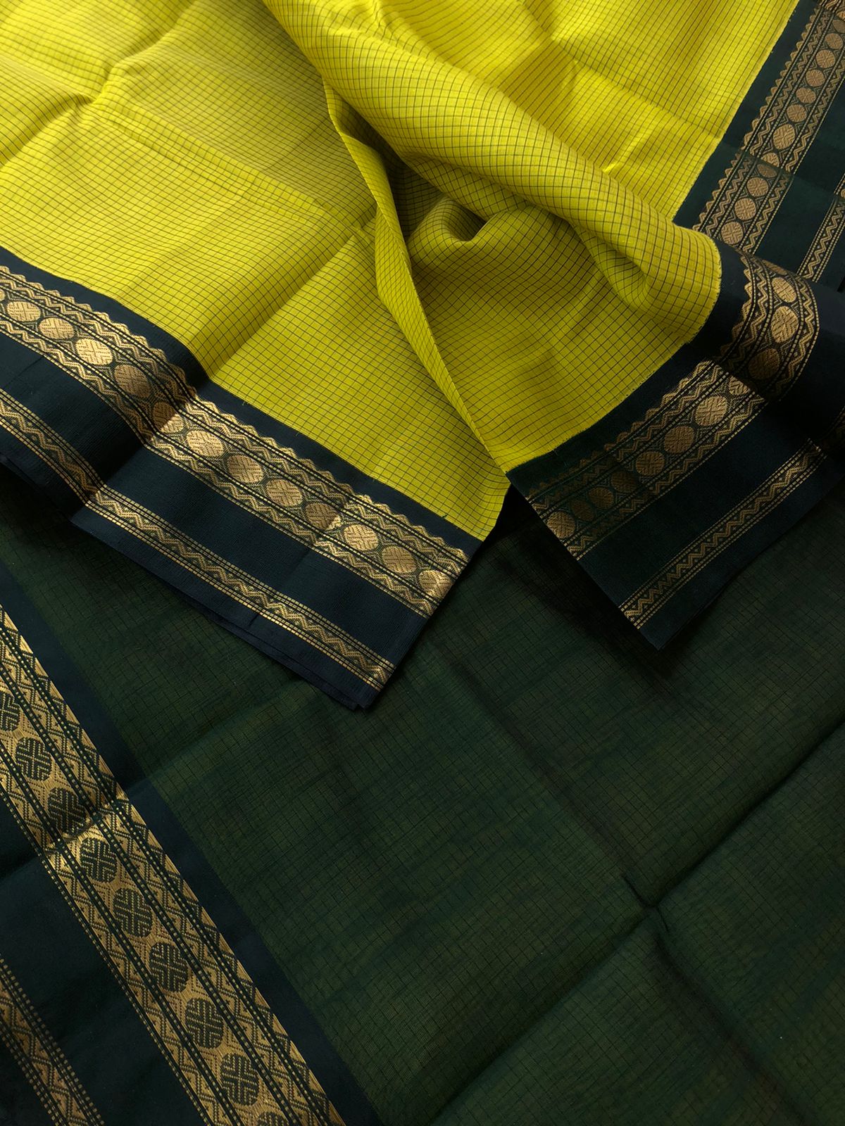 Korvai Silk Cotton - sampanga yellow and deep Meenakshi green podi kattam