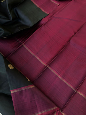 Heriyae - Heirloom Kanchivarams - deep dark army green and wine maroon mayil chackaram woven buttas