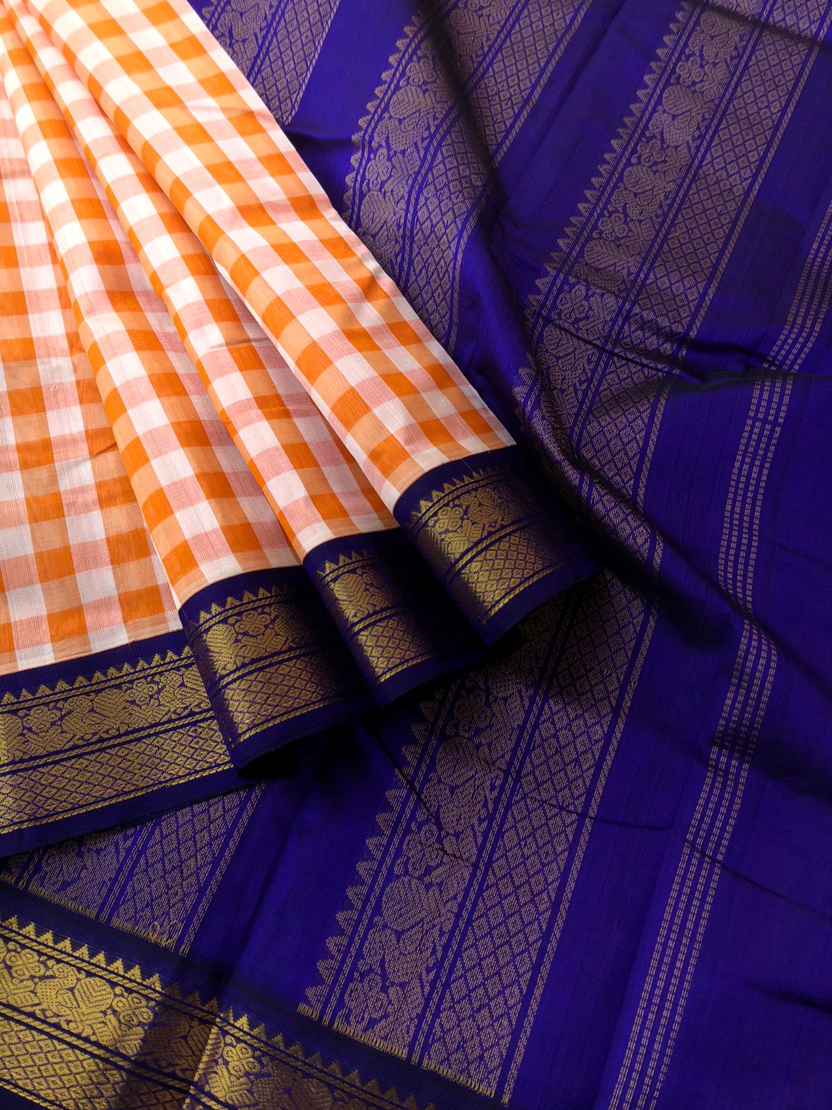 Paalum palamum kattam on Korvai Silk Cotton - off white and orange chex with ink blue borders and pallu