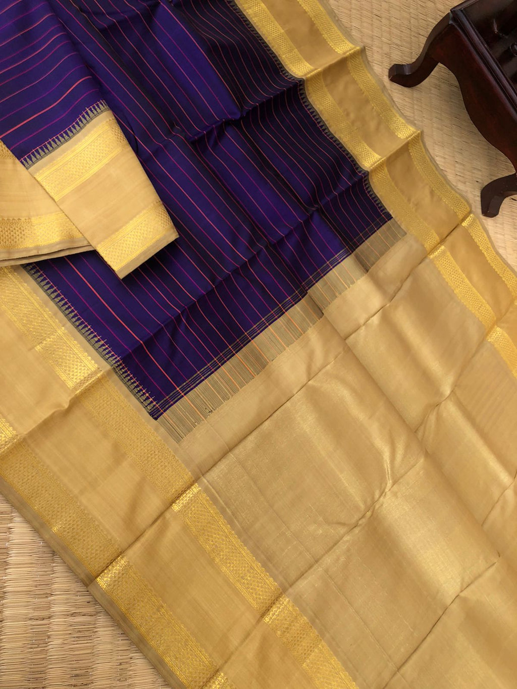 Vintage Raagas on Kanchivarams - deepest dark violet stripes body on golden beige aarai maadam rett pett woven korvai Borders