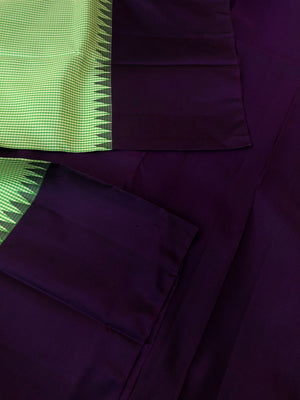 Korvai Connection on Kanchivaram - something unusual off white and mint green Kasa Kasa Kattam with deepest dark purple borders pallu and blouse