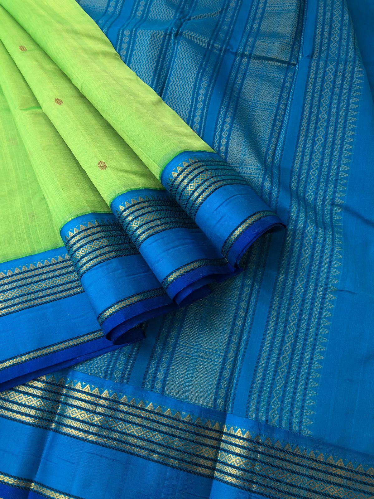 Korvai Silk Cotton with Pure Silk Woven Borders - fresh apple green and blue