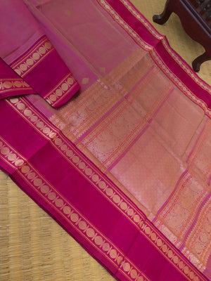 Zari Kissed Silk Cotton - gorgeous keva pink kolam buttas with retta pett woven borders