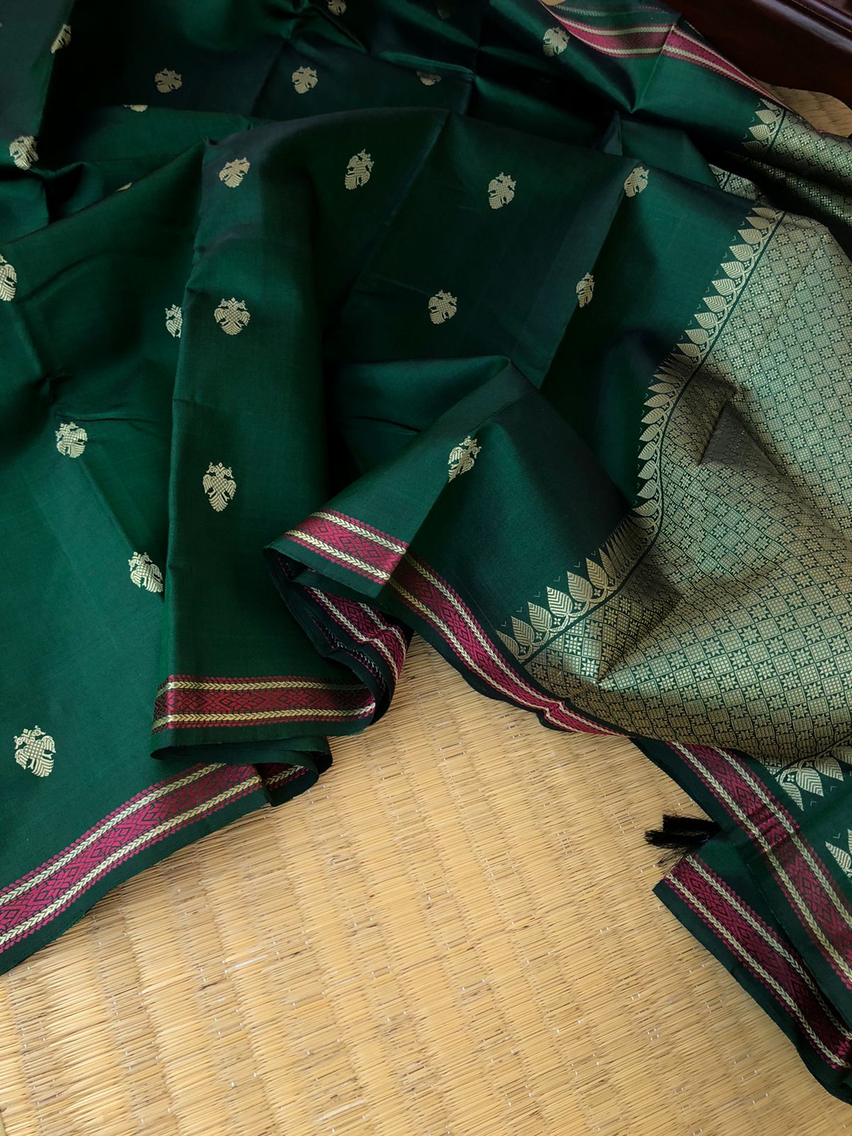 Woven from Memories - No Zari Kanchivarams - stunning deep dark Meenakshi green Irruthalaipakshi woven buttas