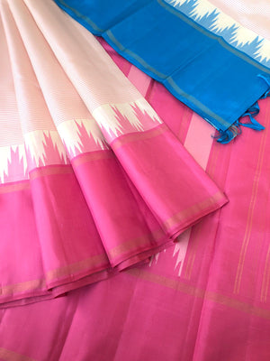 Best of Best Korvai Kanchivaram - off white with ganga jammuna with baby pink oosi stripes woven body