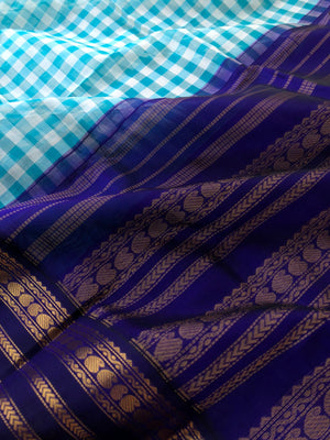 Paalum palamum kattam on Korvai Silk Cotton - off white and teal blue chex with ink blue pallu and blouse