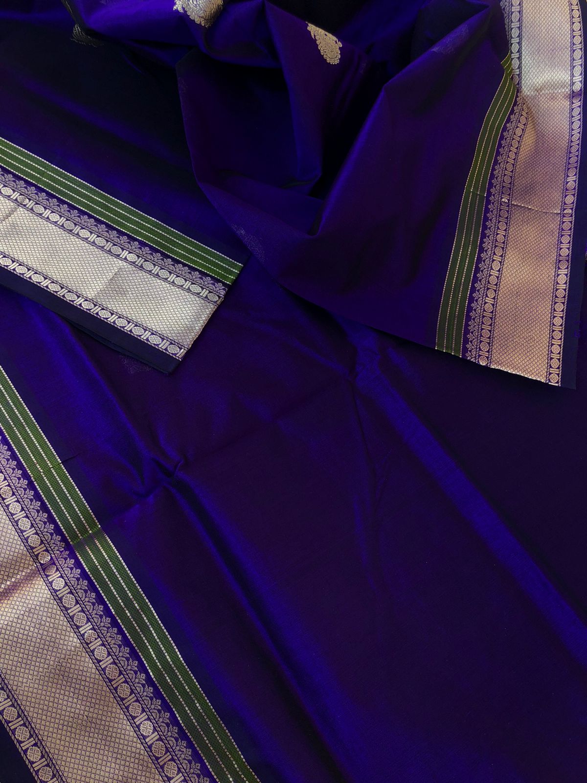 Zari Kissed Silk Cotton - gorgeous ink blue with annapakshi woven buttas with moopula woven borders