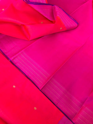 Shree - Bliss of Kanchivarams - stunning vibrant orange short pink with small Vairaoosi woven borders with intricate woven buttas
