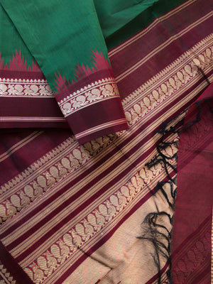 Cotton body with Pure Silk Borders - most traditional deepest Meenakshi green and maroon