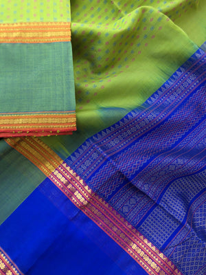 Woven Motifs Silk Cotton - apple green and royal blue Lakshadeepam