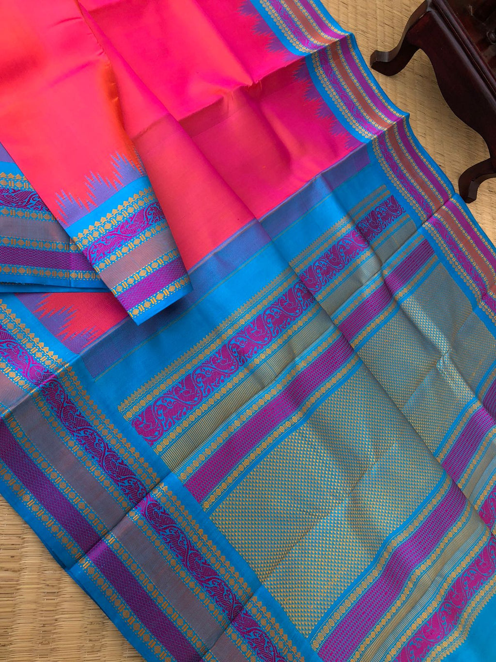 Festive Vibes on No Zari Korvai Kanchivaram - stunning dual tone orange short pink with blue intricate yali and kili woven borders