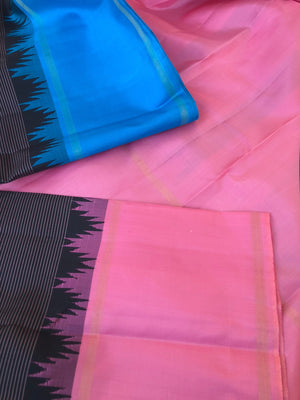 Best of Best Korvai Kanchivaram - at the most gorgeous black oosi stripes korvai Kanchivaram with bubble gum pink and blue ganga jammuna woven borders