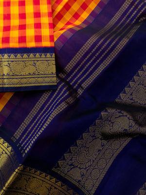 Paalum palamum kattam on Korvai Silk Cotton - mustard and red chex with ink blue borders pallu and blouse