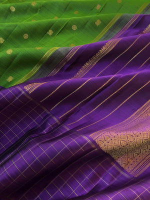 Heriyae - Heirloom Kanchivarams - simple and elegant fresh algae green and violet with chex woven borders
