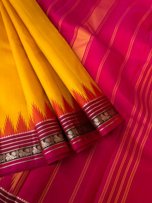 Festive Vibes on No Zari Korvai Kanchivaram - the most beautiful combination has all our hearts mustard and pink with annapakshi woven borders