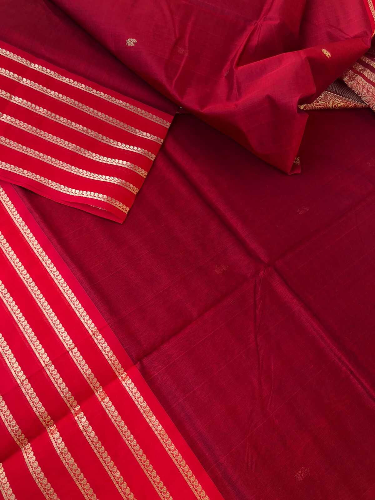 Zari Kissed Silk Cotton - deep reddish maroon with six row of salangai mokku woven borders