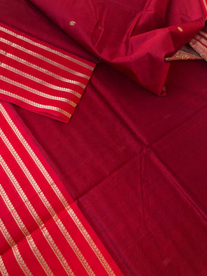 Zari Kissed Silk Cotton - deep reddish maroon with six row of salangai mokku woven borders