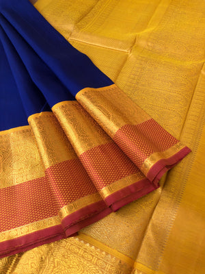 Timeless Classic Kanchivarams - deep traditional ink blue and golden mustard borders and pallu