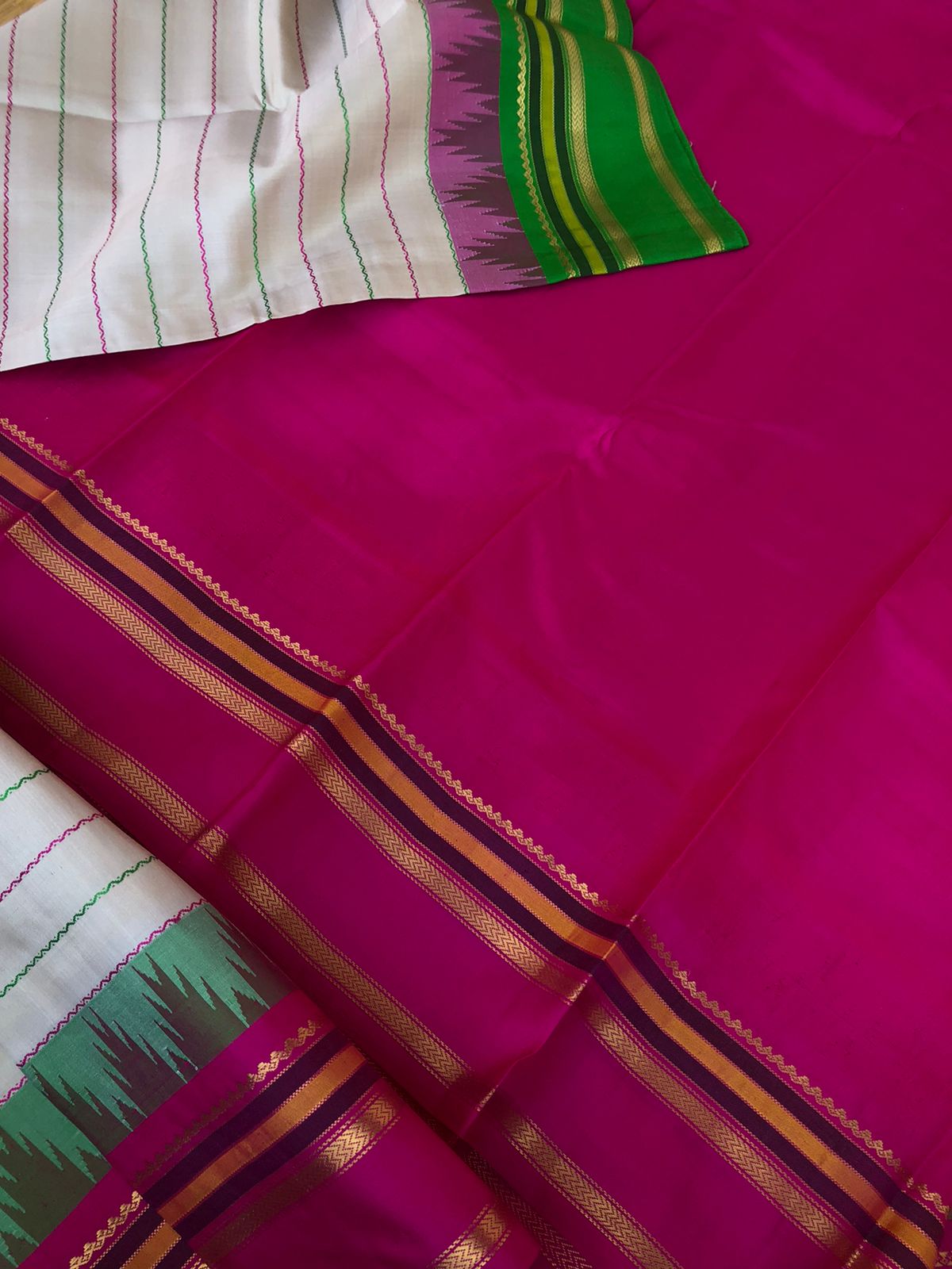 Korvai Connection on Kanchivaram - most beautiful pale greyish off white with green and pink ganga jammuna woven borders