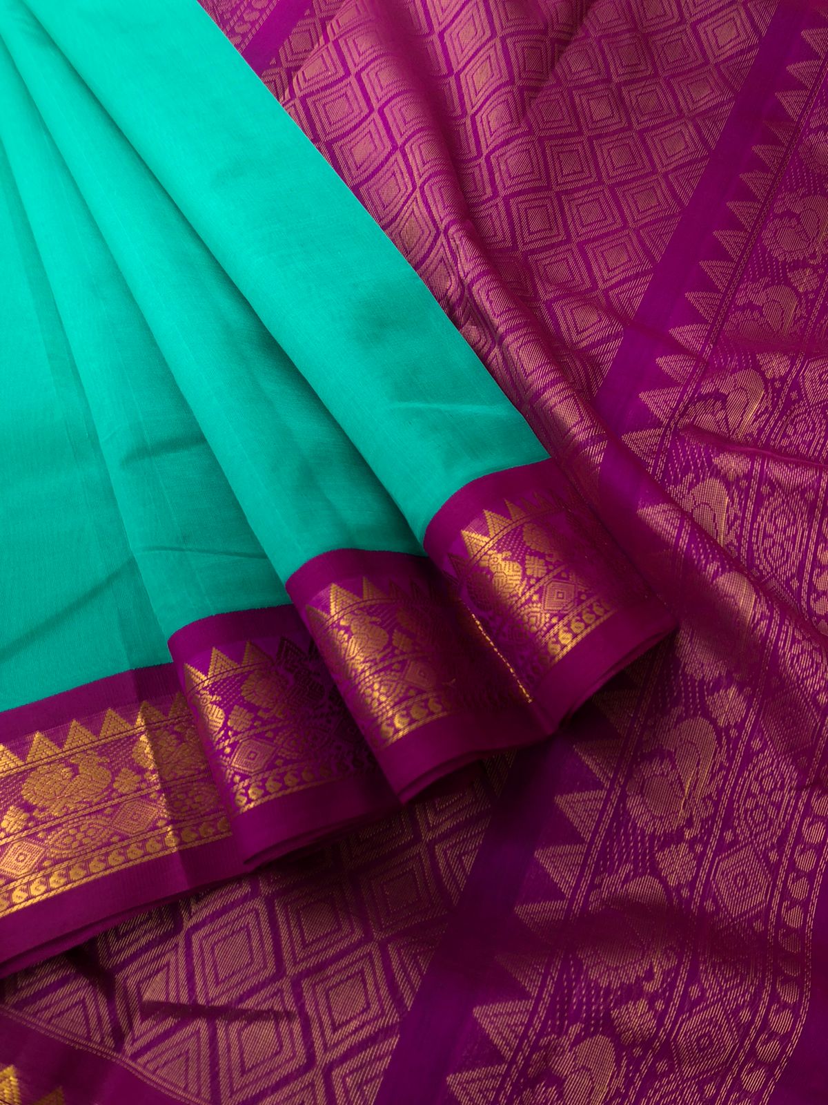 Festive vibes on Korvai Silk Cotton - aqua blue and purple