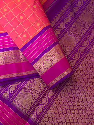 Vintage Ragas on Kanchivaram - beautiful orangish pink korvai Kanchivaram with chex buttas woven body with most traditional woven borders