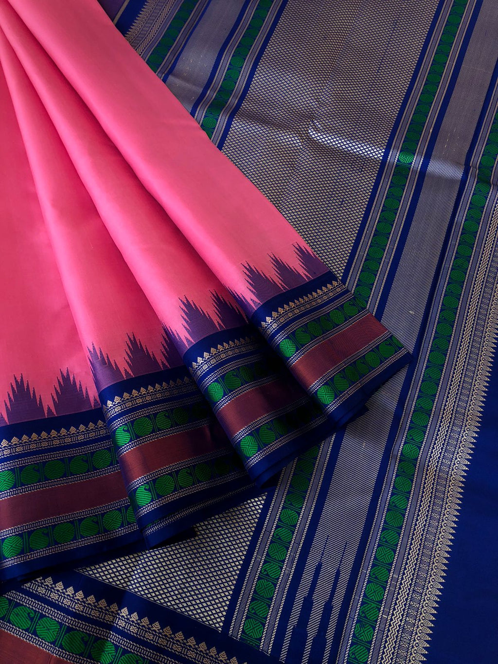 Festive Vibes on No Zari Korvai Kanchivaram - rose pink and ink blue paisley and rudurakasham woven borders