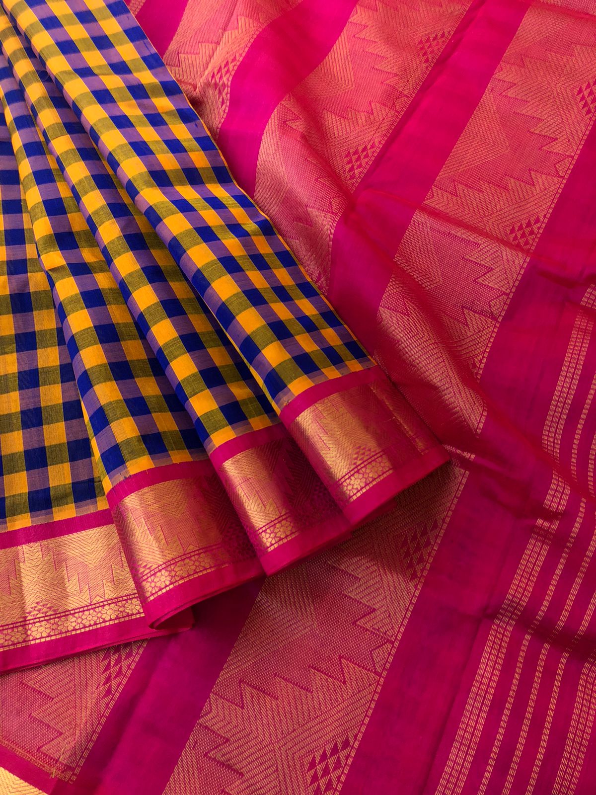 Paalum palamum kattam on Korvai Silk Cotton - mustard and blue chex with pink pallu and blouse