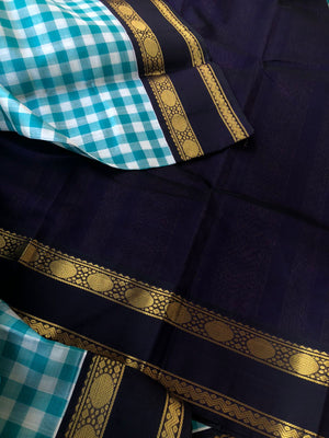 Paalum palamum kattam on Korvai Silk Cotton - off white and baby blue chex with navy blue borders