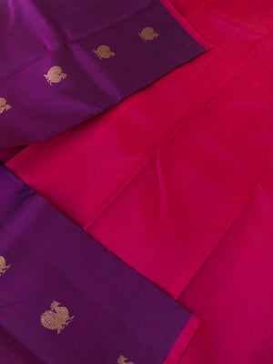 Mohaa - Beautiful Borderless Kanchivarams - deep purple mayil chackaram woven buttas with deep reddish pink pallu and blouse