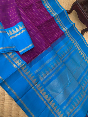 Vintage Raagas on Kanchivarams - beautiful purple and sulphate blue gold chain ( thanga kambi ) body with korvai woven borders