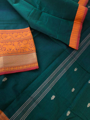 Woven Buttas on Kanchi Cottons - when Meenakshi green woven together with navy blue we get this deepest green