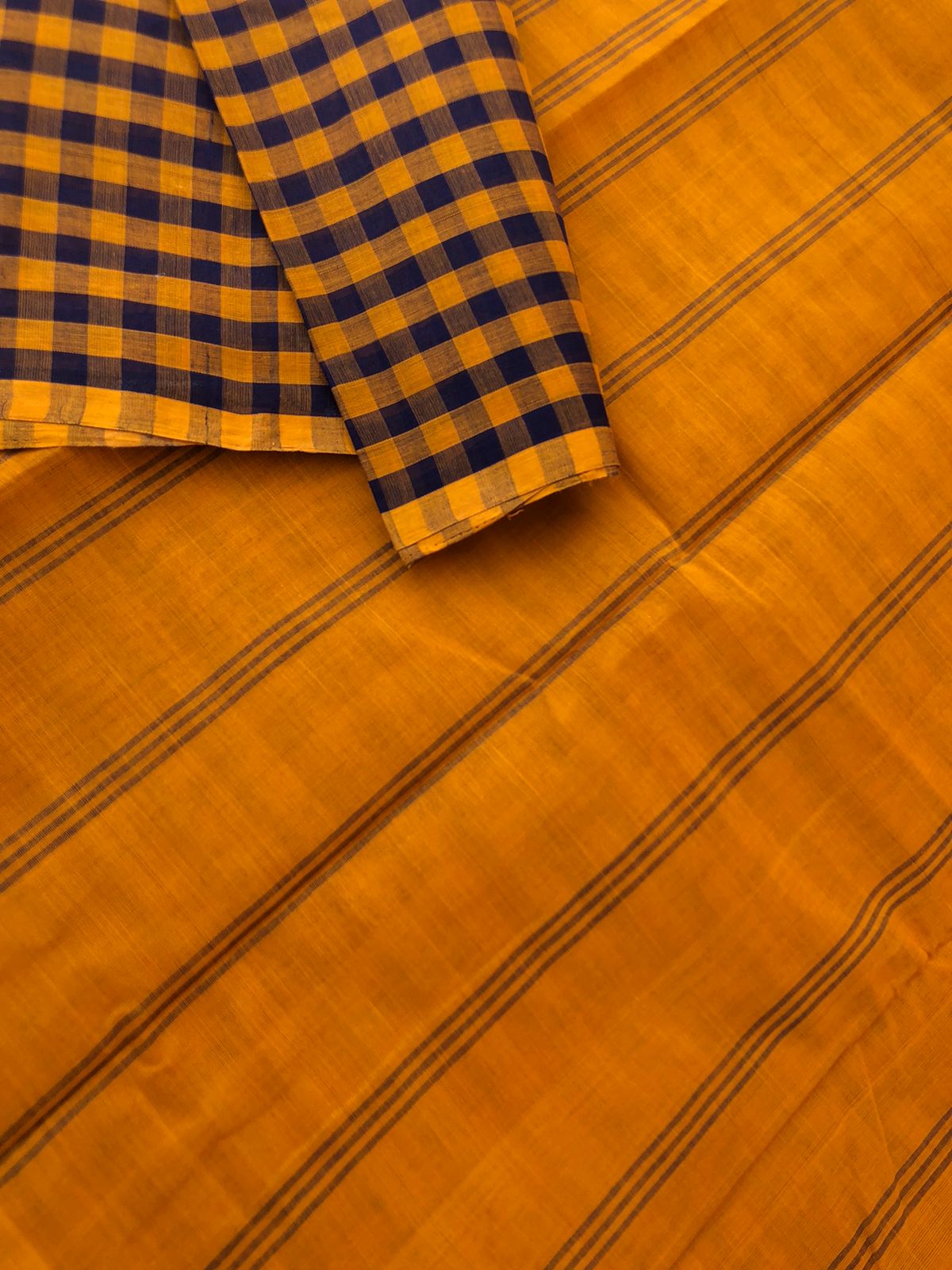 Pragatham - Contrast Play - mustard and navy blue chex