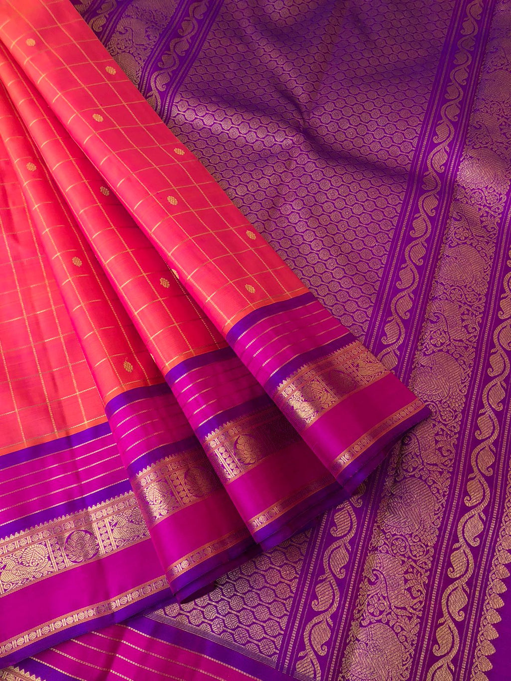 Vintage Ragas on Kanchivaram - beautiful orangish pink korvai Kanchivaram with chex buttas woven body with most traditional woven borders