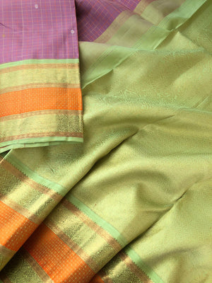 Hamsa - Limited Edition Kanchivarams - unusual dust pink and pista green korvai Kanchivaram with tiny intricate woven chex with silver and gold zari woven buttas