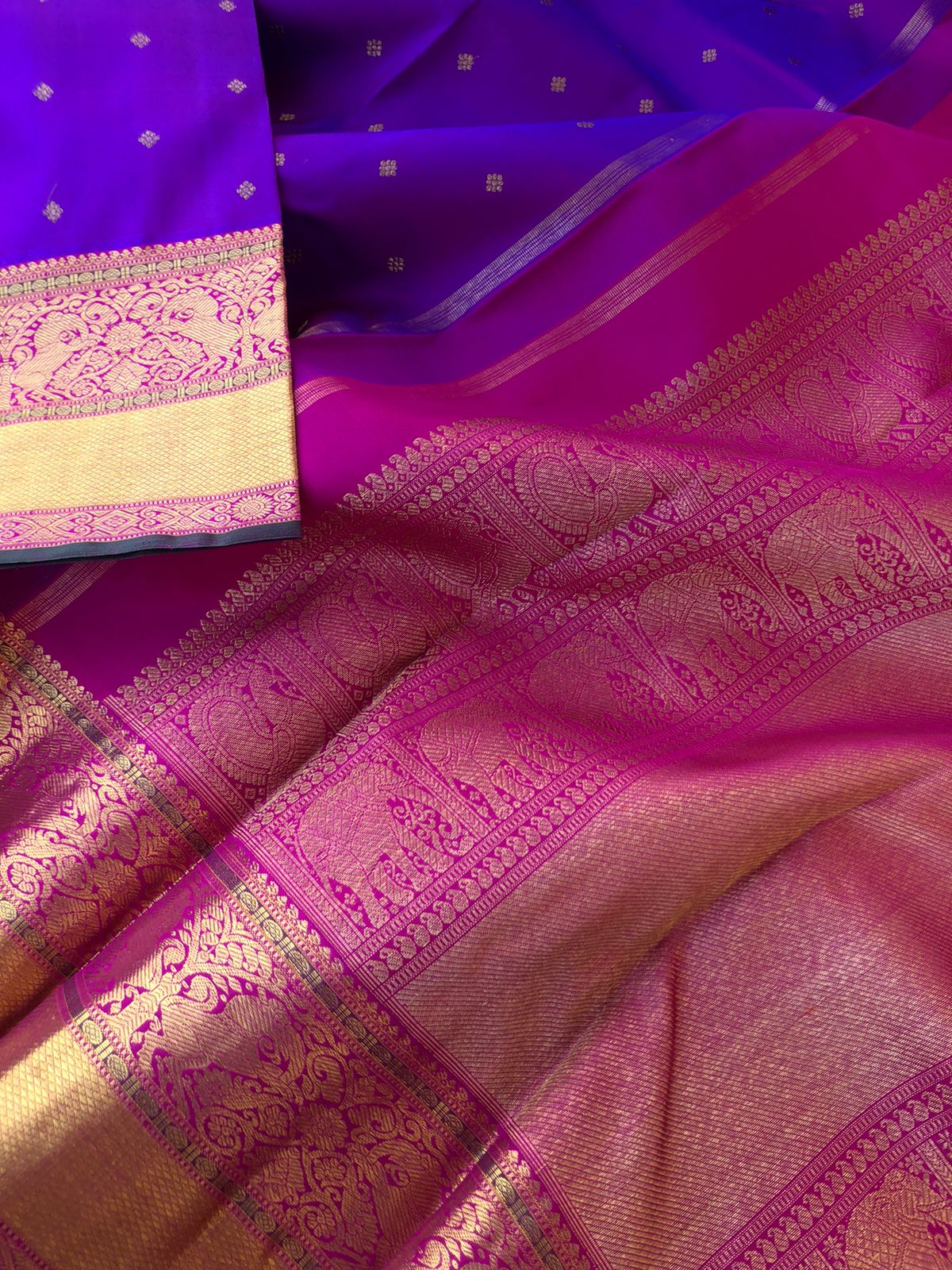 Swarnam - Heirloom Kanchivarams - dual tone violet blue pink authentic Kanchivaram with kuyil kann and yali woven double pett borders and stunning pallu